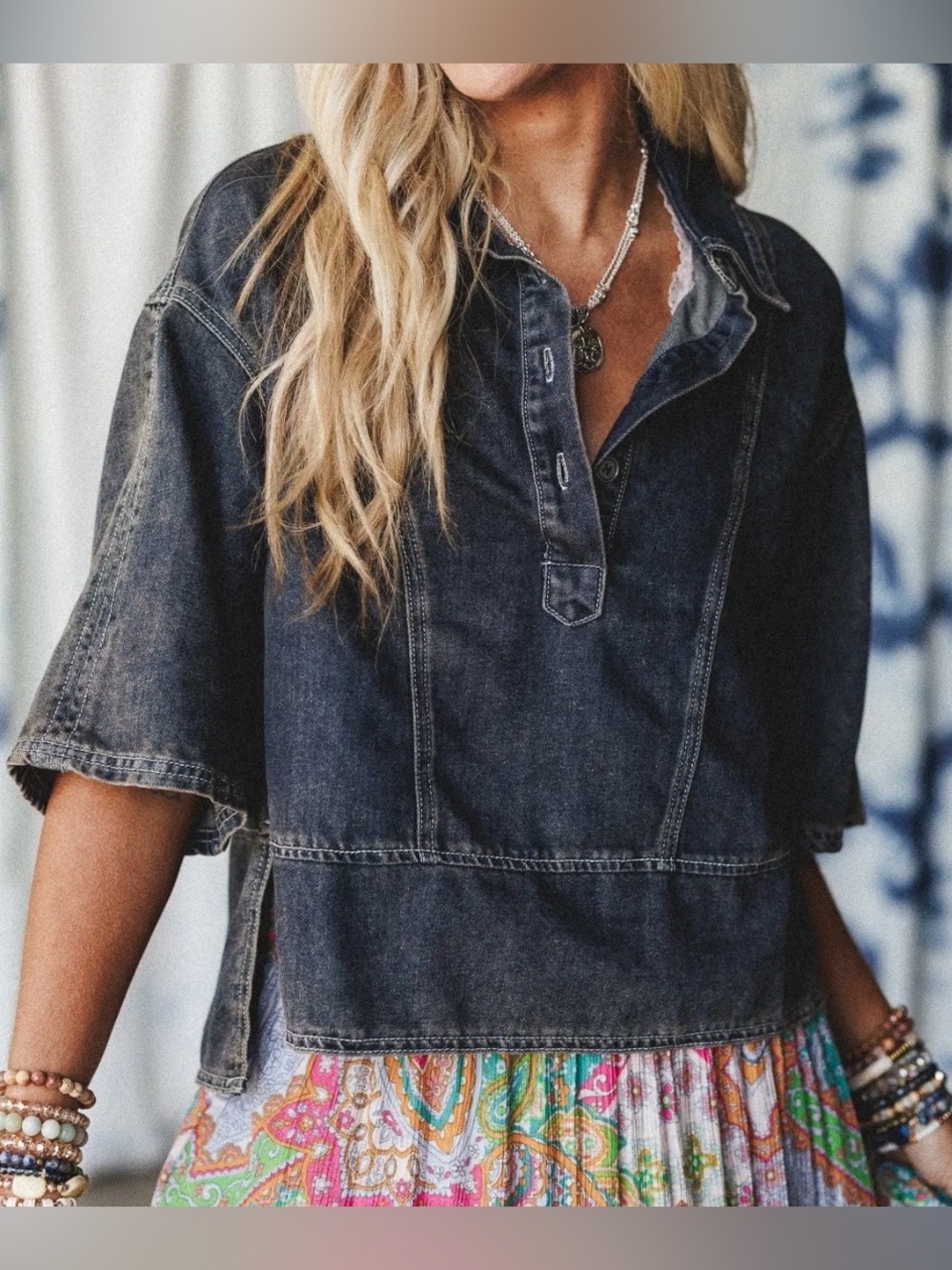 NEW Three Bird Nest Saddle Up Cotton Boho Oversized Coastal Cowgirl Denim Top S